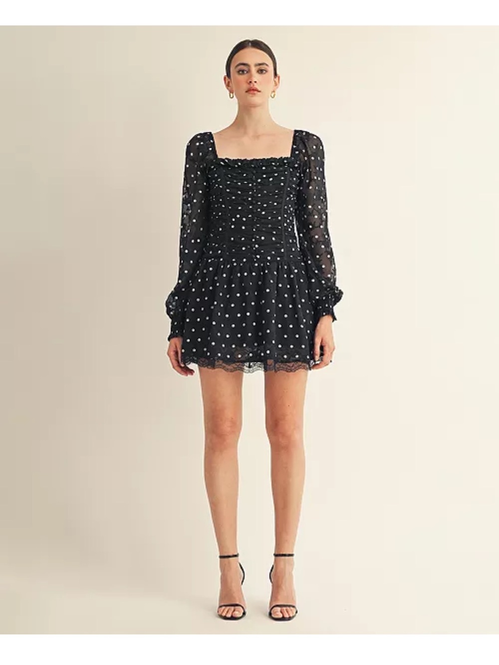 Black Polka Dot Long-Sleeve Mini Dress